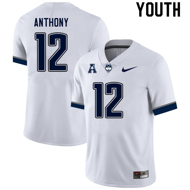 Youth #12 Kaleb Anthony Uconn Huskies College Football Jerseys Sale-White